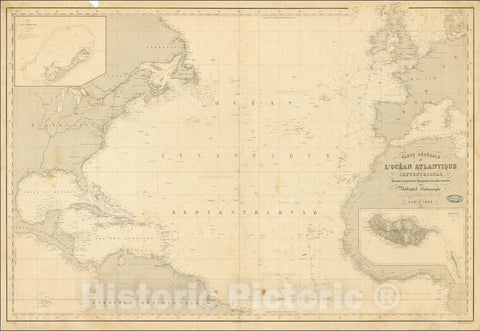 Historic Map : Carte Generale de L'Ocean Atlantique Septentrionale (large insets of Bermuda and Madeira), 1855, Aime Robiquet, v2, Vintage Wall Art