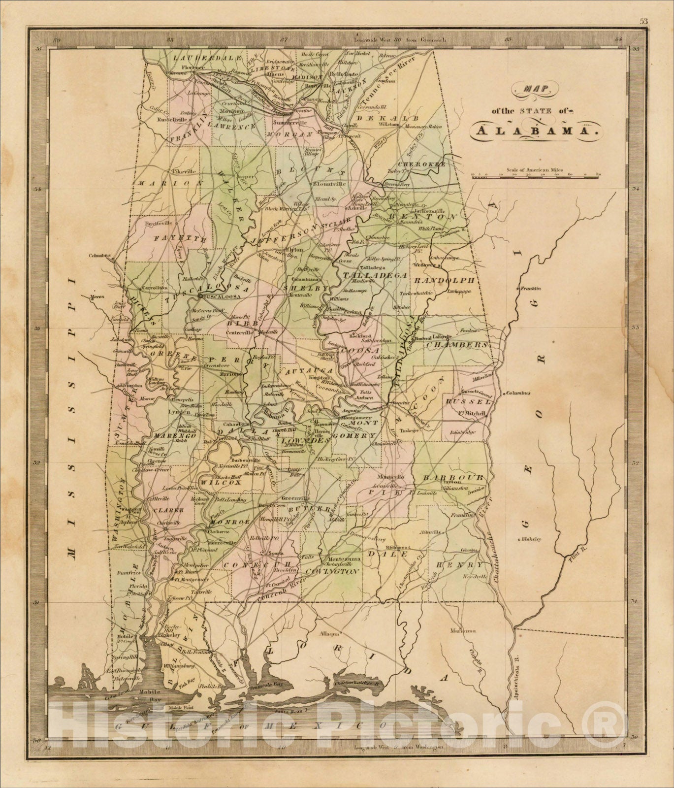 Historic Map : Map of the State of Alabama, 1842, Jeremiah Greenleaf, Vintage Wall Art