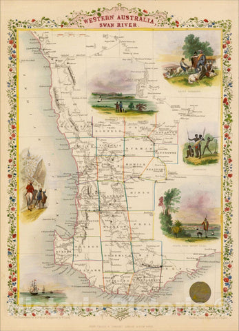 Historic Map : Western Australia, Swan River, 1851, John Tallis, v4, Vintage Wall Art