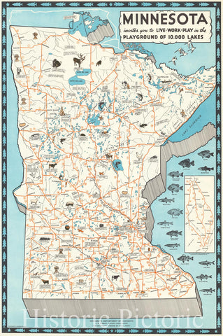 Historic Map : Minnesota invites you to Live-Work-Play in the Playground of 10,000 Lakes, c1935, Minnesota Tourist Bureau, Vintage Wall Art