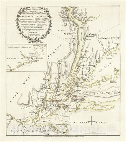 Historic Map : The Seat of Action between the British and American Forces. Or an Authentic Plan of the Western Part of Long Island, 1776, Sayer & Bennett, Vintage Wall Art