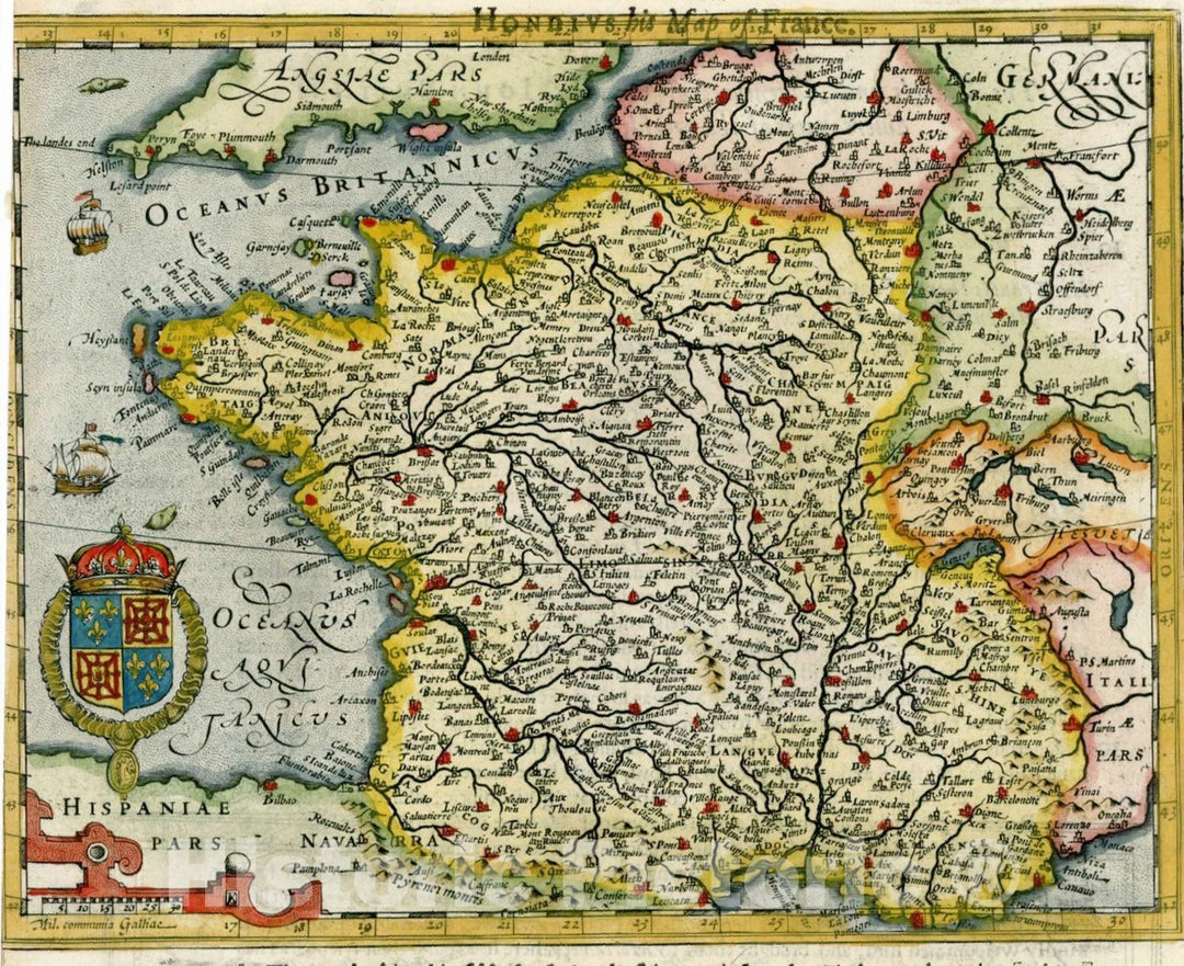 Historic Map : [France], 1625, Jodocus Hondius, Vintage Wall Art
