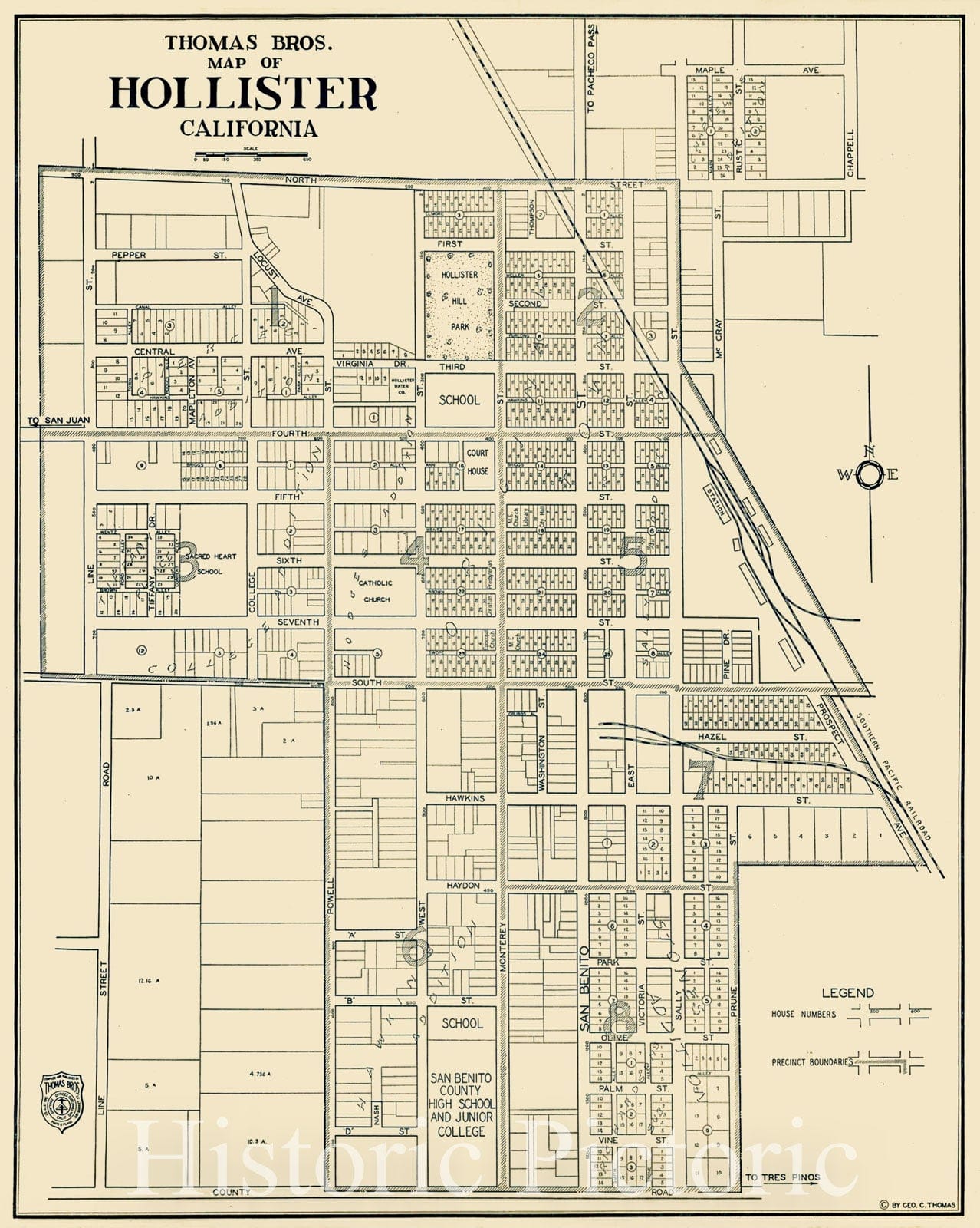 Historic Map : Thomas Bros. Map of Hollister, California, c1920, Thomas Brothers, Vintage Wall Art
