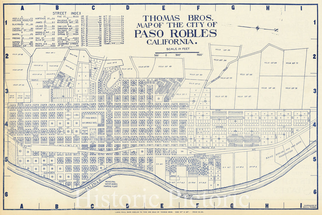 Historic Map : Thomas Bros. Map of the City of Paso Robles California, c1920, Thomas Brothers, Vintage Wall Art