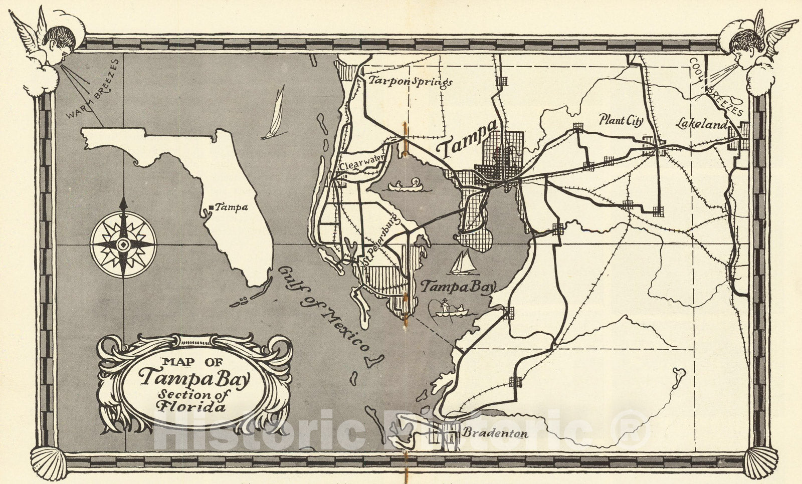 Historic Map : Tampa Florida's Greatest City, Map of Tampa Bay Section of Florida, 1928, Tampa Board of Trade, Vintage Wall Art