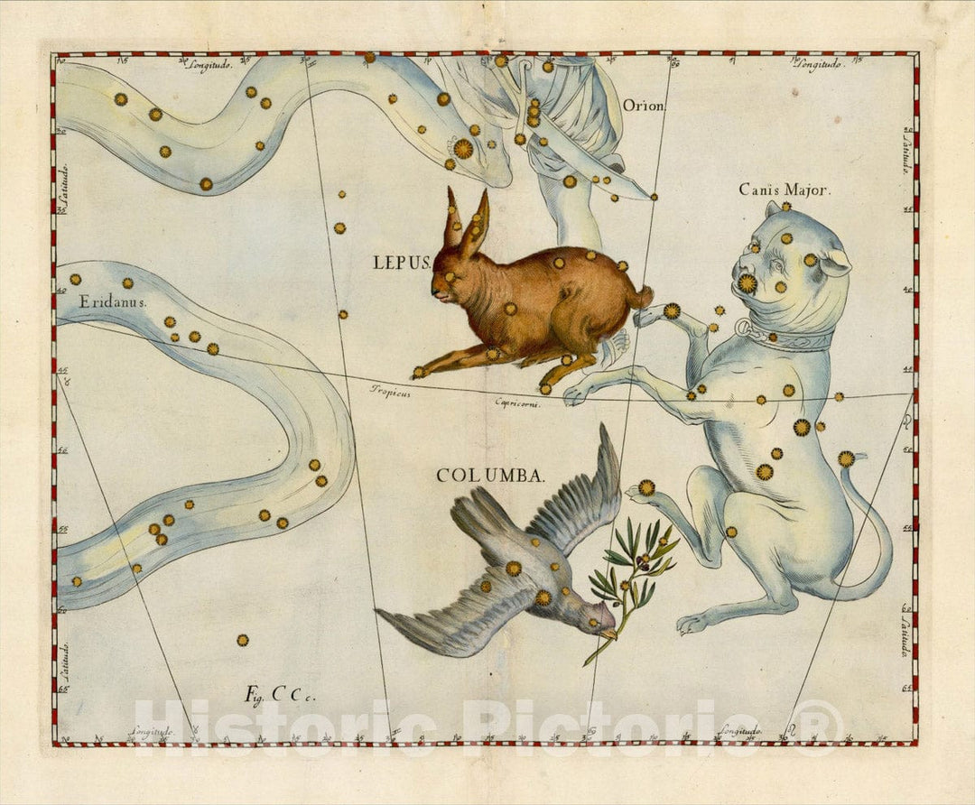 Historic Map : Lepus, Columba & Canis Major, 1687, Johannes Hevelius, Vintage Wall Art