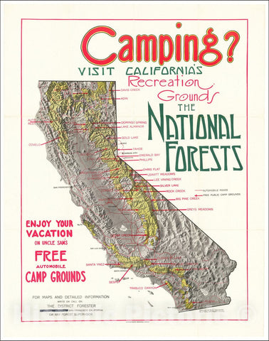 Historic Map : Camping? Visit California's Recreation Grounds the National Forests, c1915, United States GPO, Vintage Wall Art