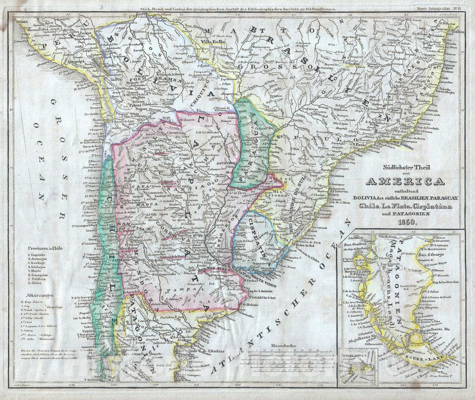 Historic Map : Argentina, Chile, Bolivia, Uruguay and Paraguay, Meyer, 1850, Vintage Wall Art