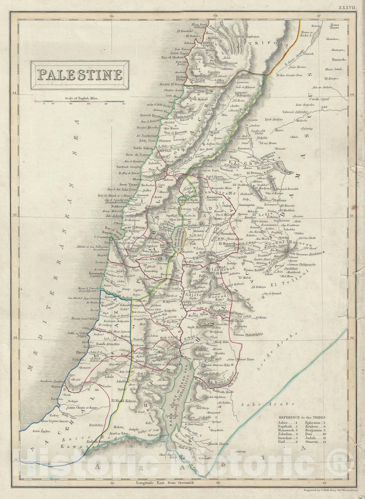 Historic Map : Israel, Palestine, or The Holy Land, Black, 1840, Vintage Wall Art