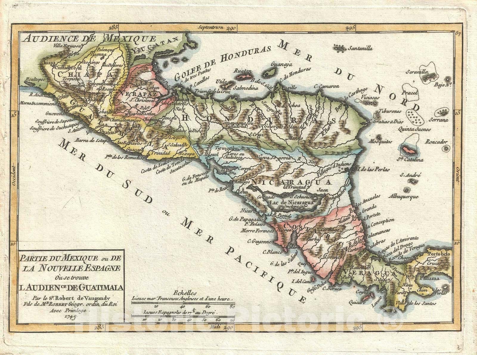 Historic Map : Central America, Vaugondy, 1749, Vintage Wall Art