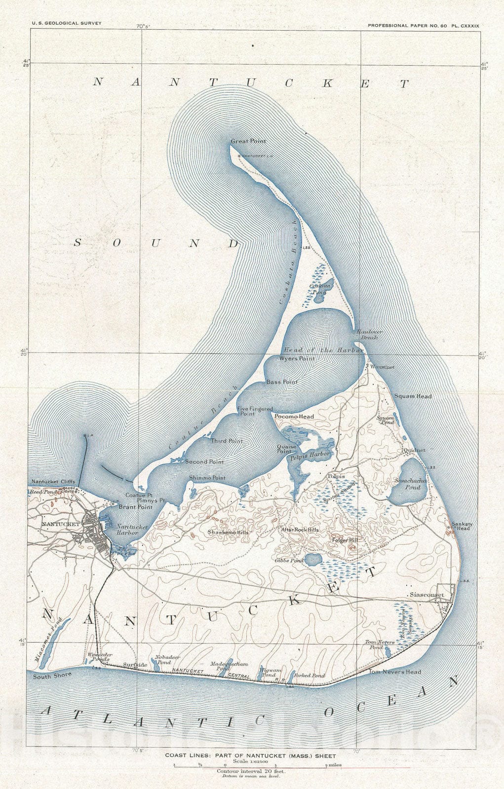 Historic Map : Nantucket, Massachusetts, U.S. Geological Survey, 1919, Vintage Wall Art