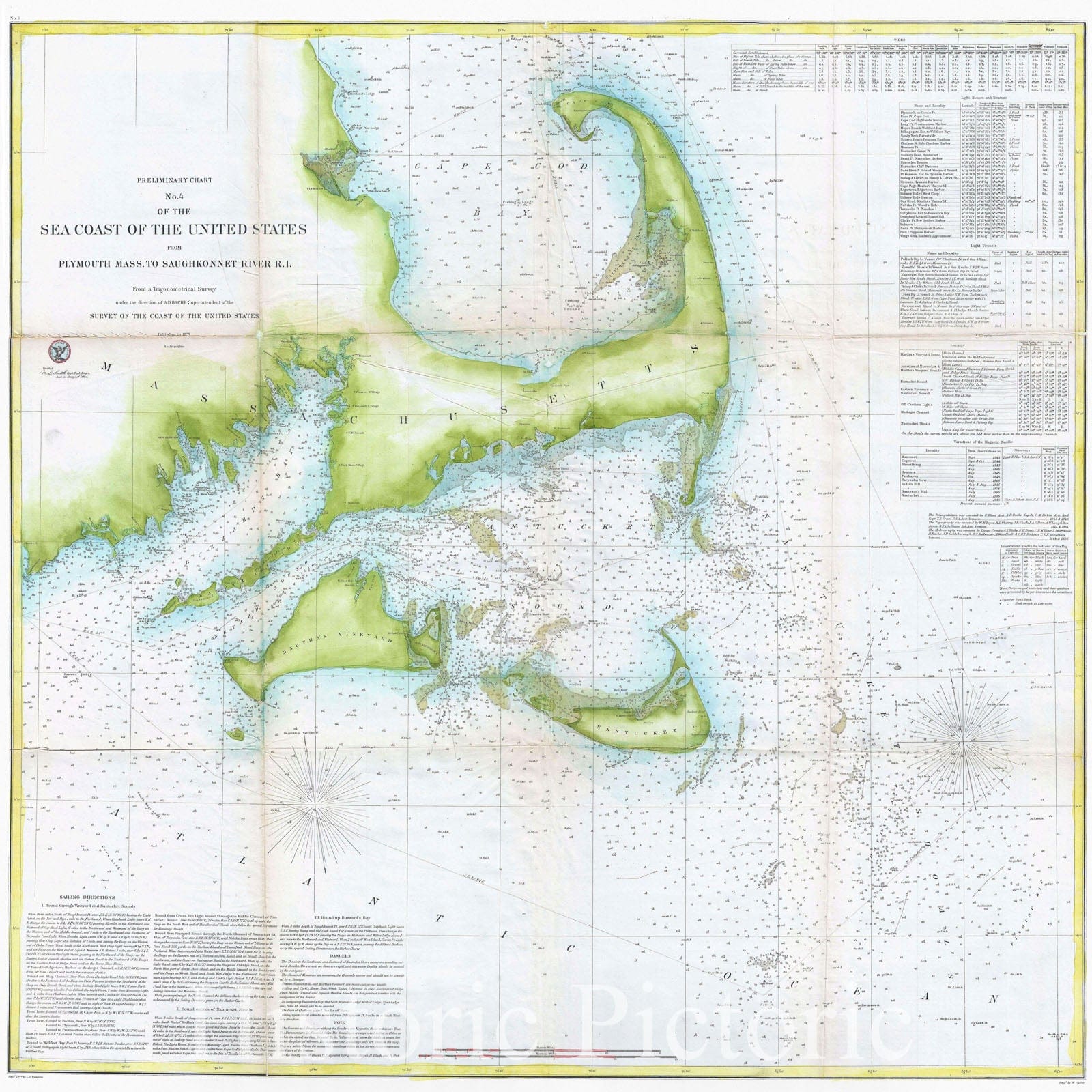 Historic Map : Nautical Chart Cape Cod, Nantucket, and Martha's Vineyard, U.S.C.S., 1857, Vintage Wall Art