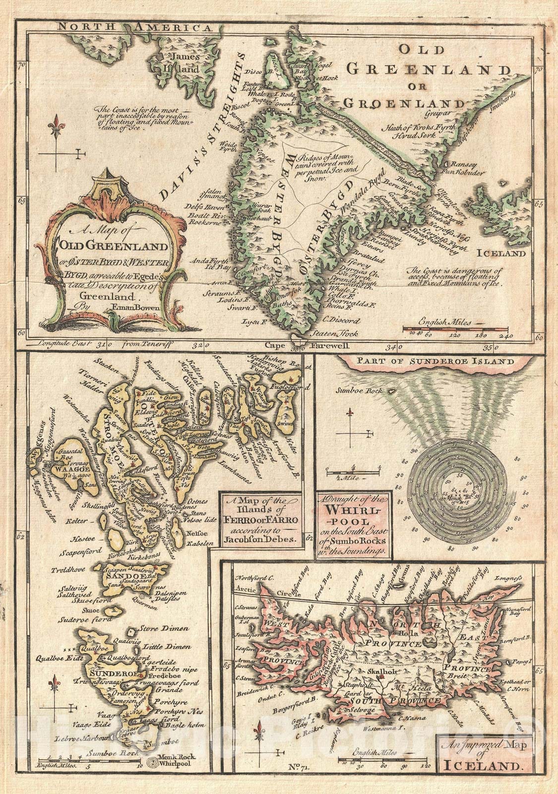 Historic Map : The North Atlantic Islands: Greenland, Iceland, Faroe Islands "Maelstrom", Bowen, 1747, Vintage Wall Art