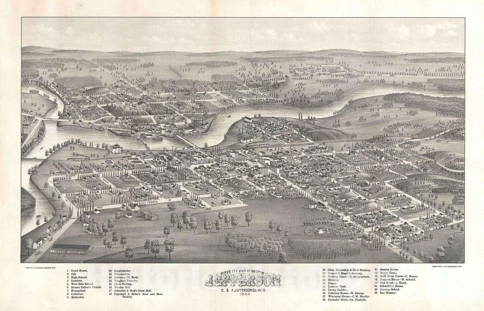 Historic Map : Bird's Eye View Jefferson County, Wisconsin, Stoner, 1875, Vintage Wall Art