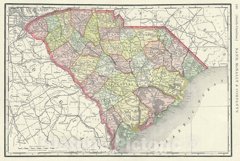 Historic Map : South Carolina, United States, Rand McNally, 1888, Vintage Wall Art