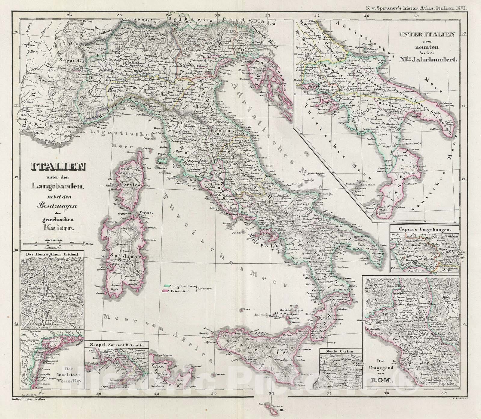 Historic Map : Italy under The Lombards, Spruner, 1854, Vintage Wall Art