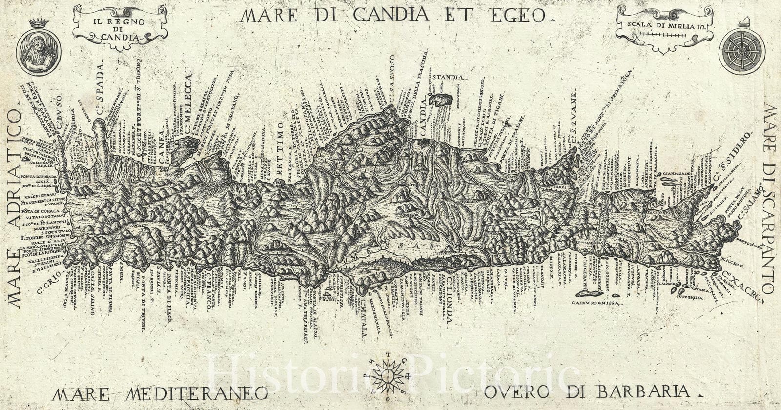 Historic Map : Crete or Candia, Boschini, 1651, Vintage Wall Art