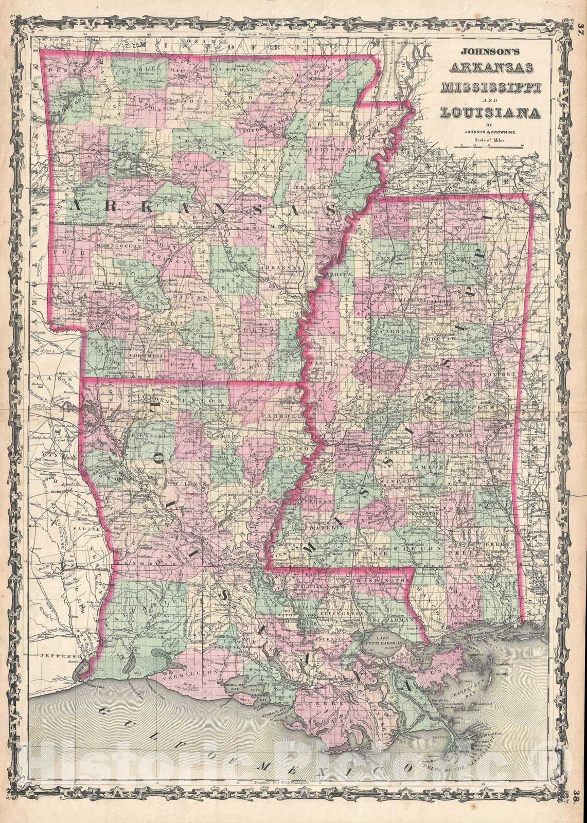 Historic Map : Arkansas, Mississippi and Louisiana, Johnson, 1861, Vintage Wall Art