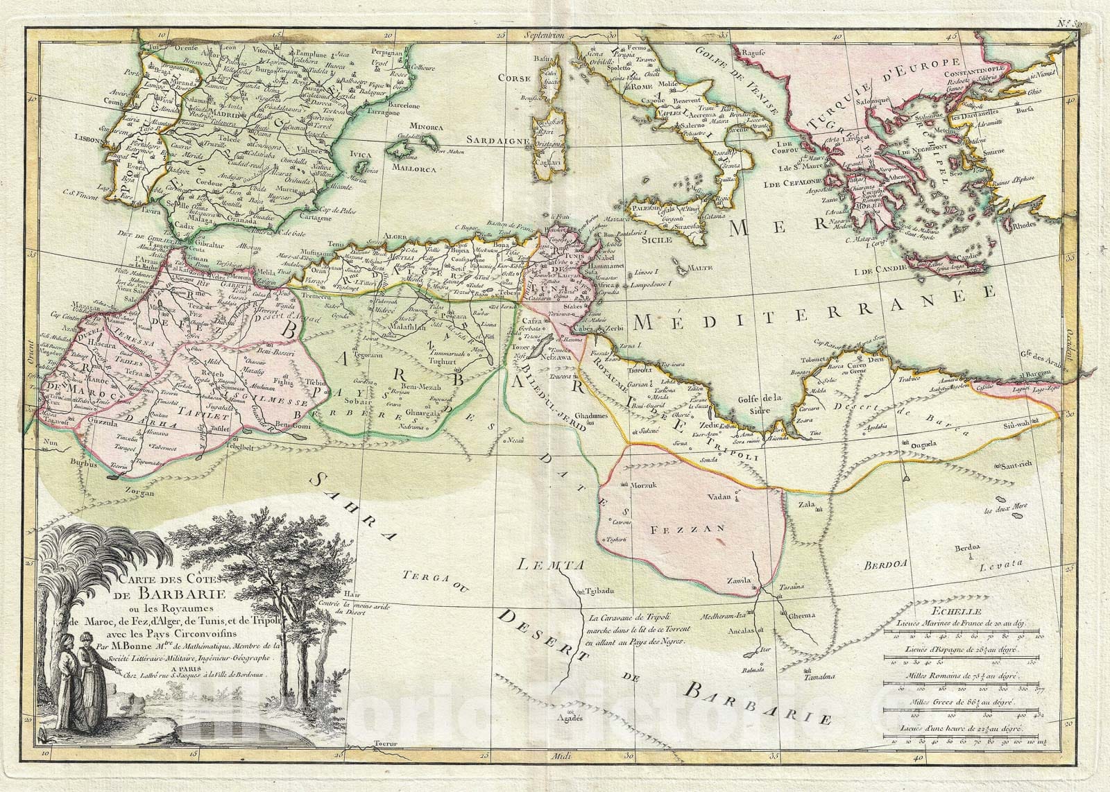 Historic Map : The Mediterranean and The Maghreb or Barbary Coast, Africa, Bonne, 1762, Vintage Wall Art