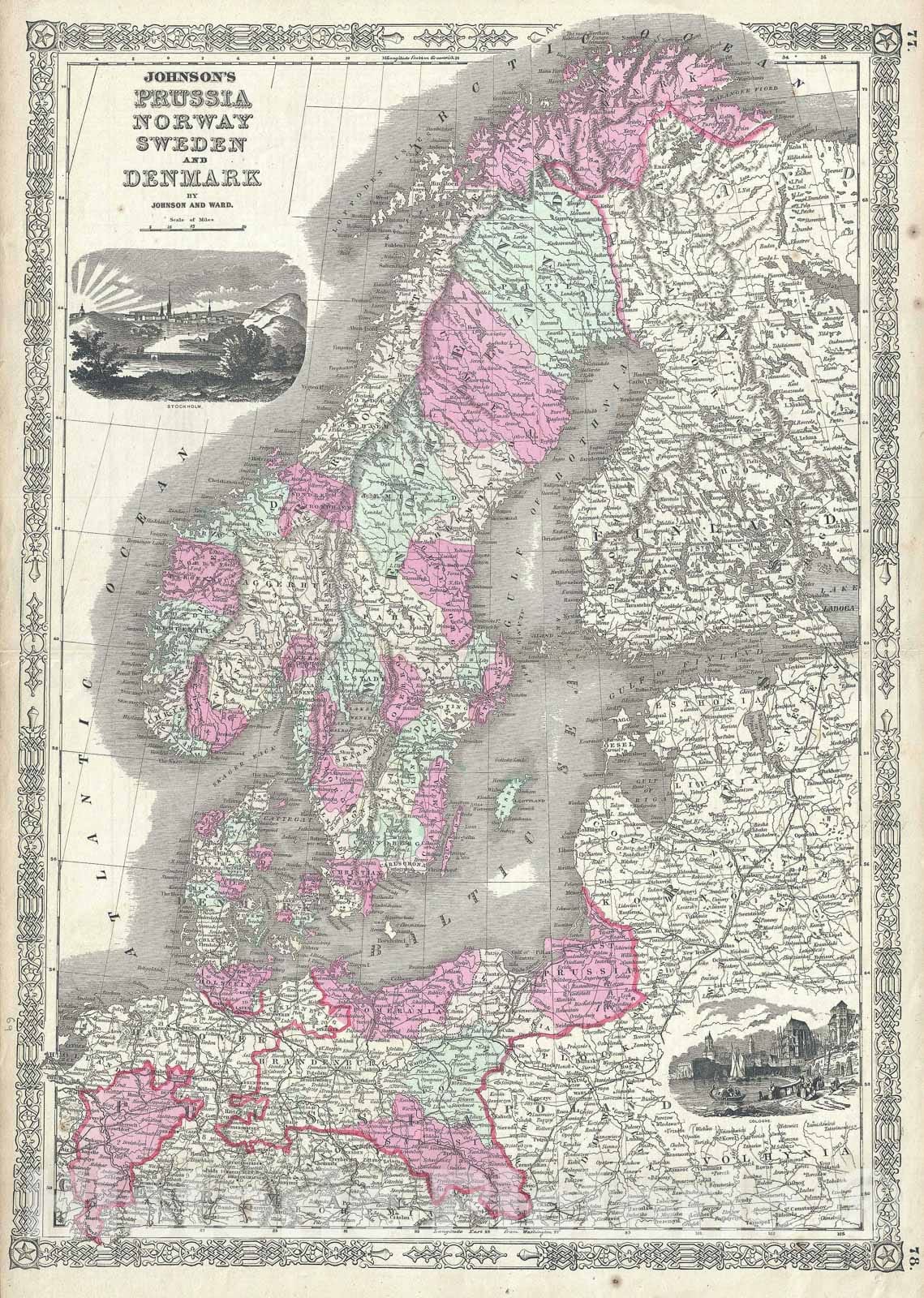 Historic Map : Prussia and Scandinavia "Norway, Sweden, Denmark", Johnson, 1865, Vintage Wall Art