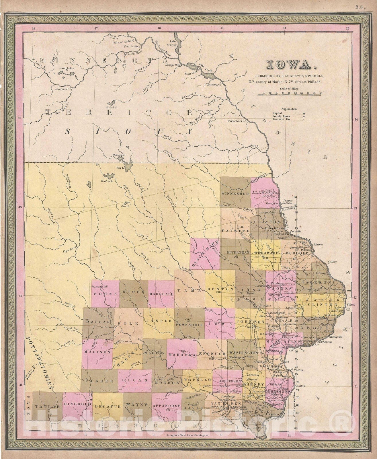 Historic Map : Iowa, Mitchell, 1849, Vintage Wall Art