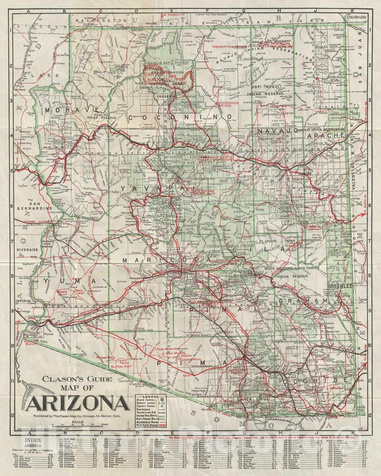 Historic Map : Arizona, Clason Guide, 1920, Vintage Wall Art