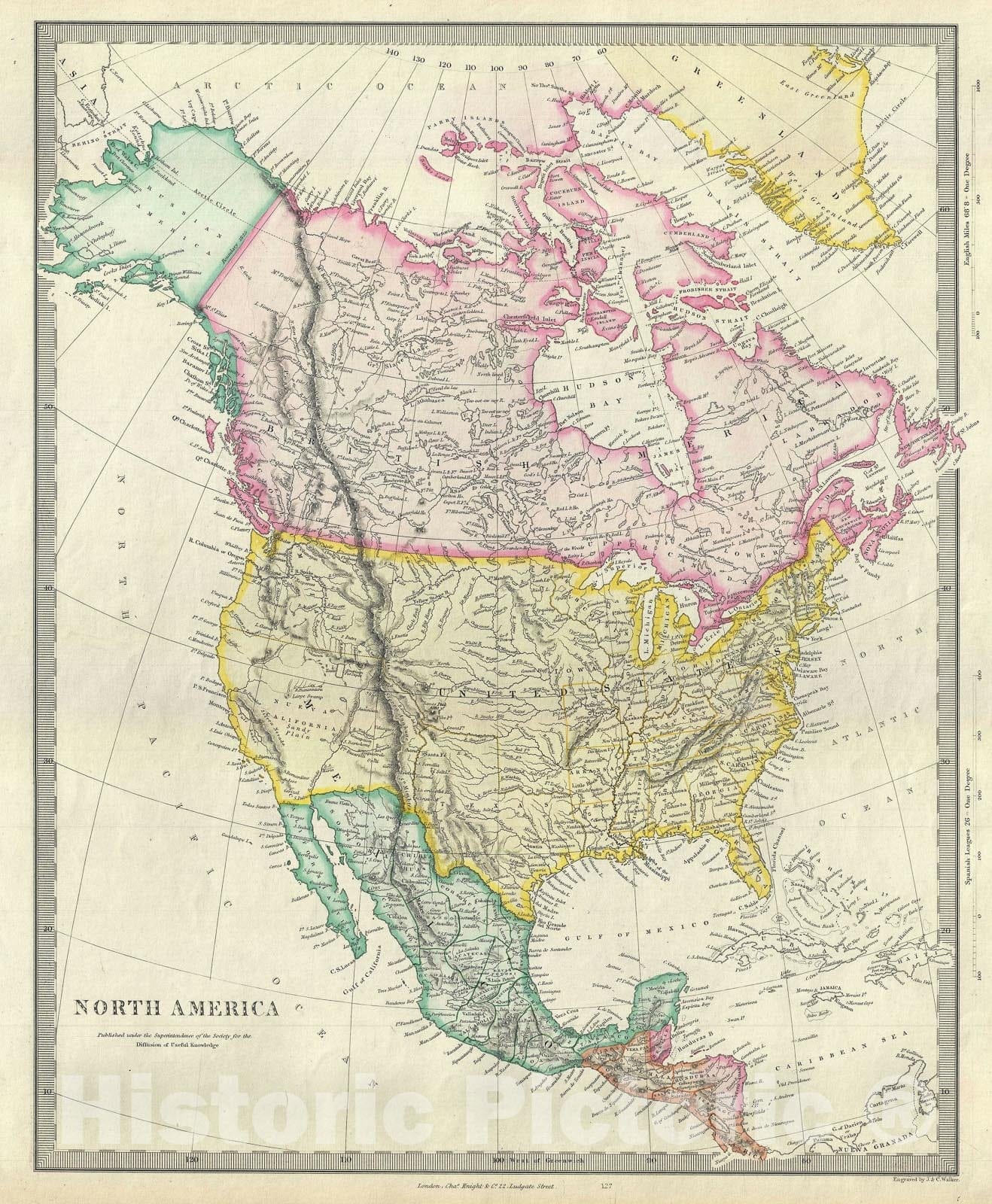 Historic Map : North America showing Texas at its largest, S.D.U.K., 1848, Vintage Wall Art