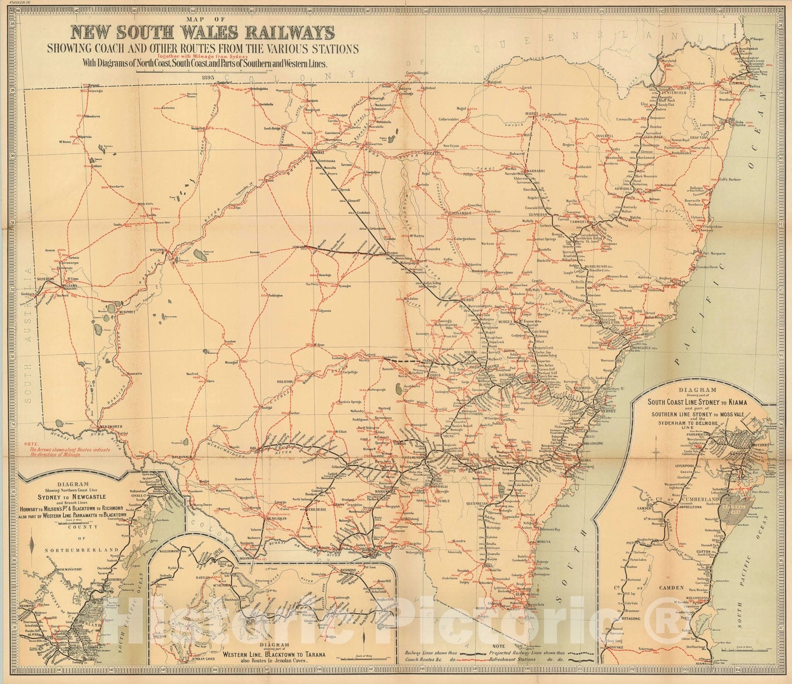 Historic Map : Railways in New South Wales, Australia, Department of Lands, 1895, Vintage Wall Art
