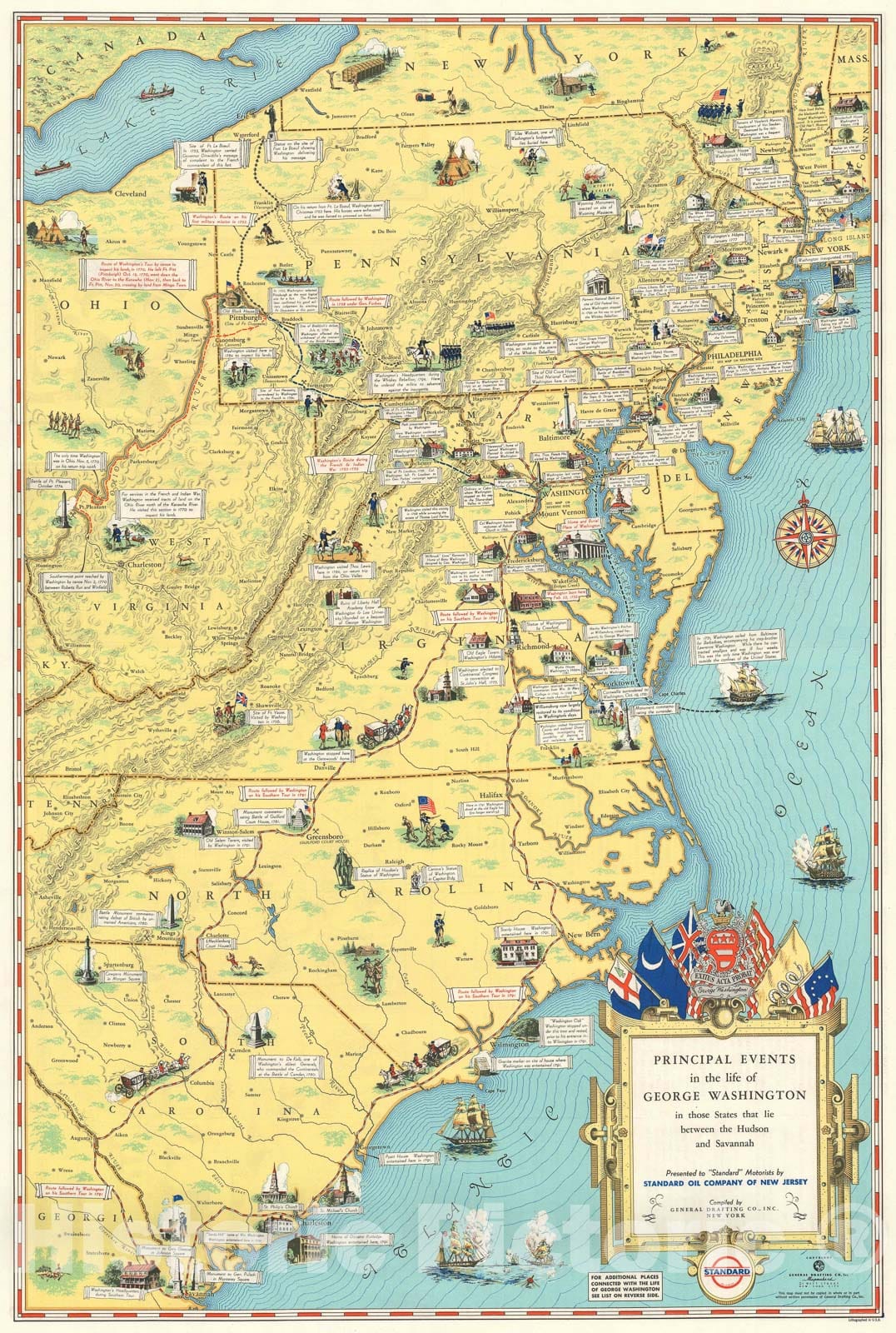 Historic Map : General Drafting Company Pictorial Map of The Life of George Washington, 1932, Vintage Wall Art