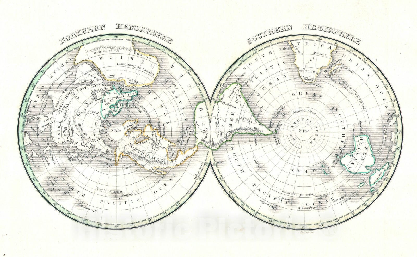 Historic Map : The World on Polar Projection " Northern and Southern Hemispheres ", BraArtd, 1838, Vintage Wall Art