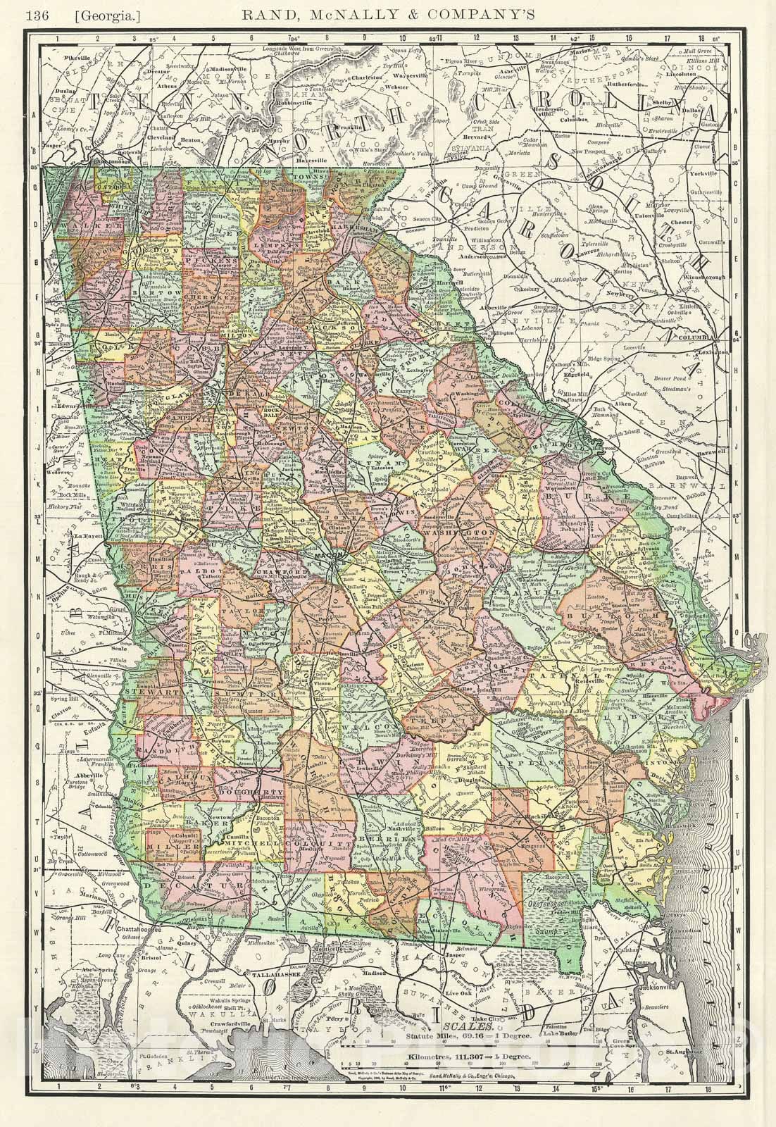 Historic Map : Georgia, United States, Rand McNally, 1888, Vintage Wall Art