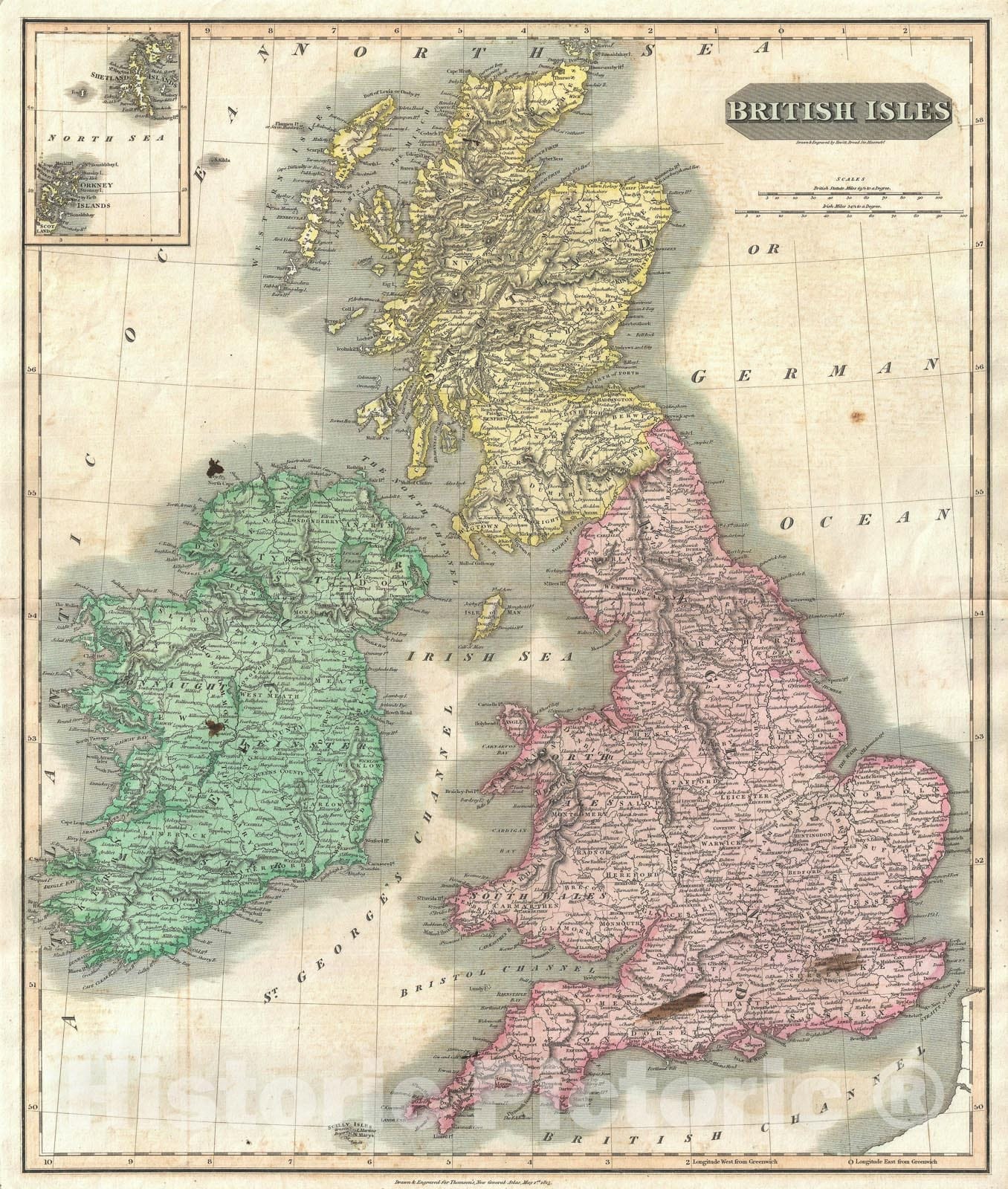 Historic Map : The British Isles with Shetland &amp; Orkney Islands, Thomson, 1815, Vintage Wall Art
