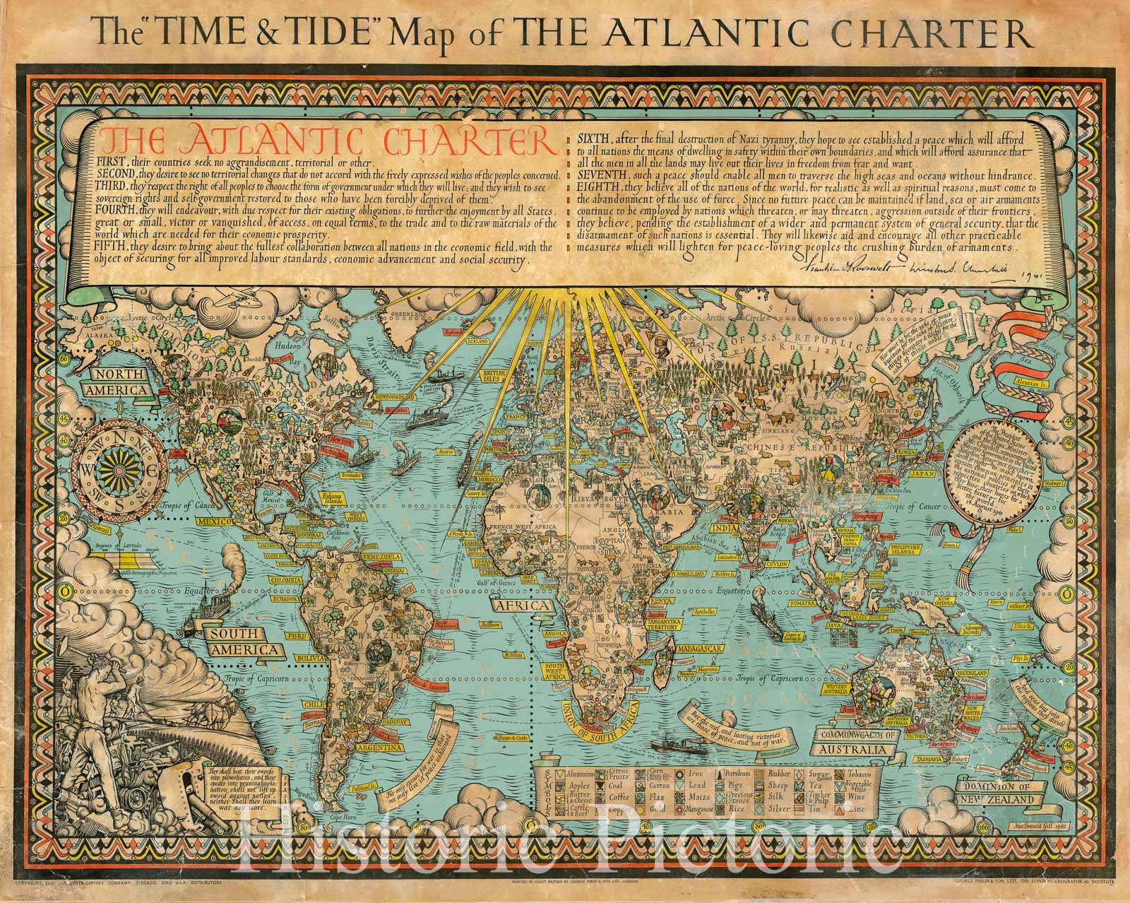 Historic Map : Gill Pictorial Map of The World Promoting The WWII Atlantic Charter, 1943, Vintage Wall Art
