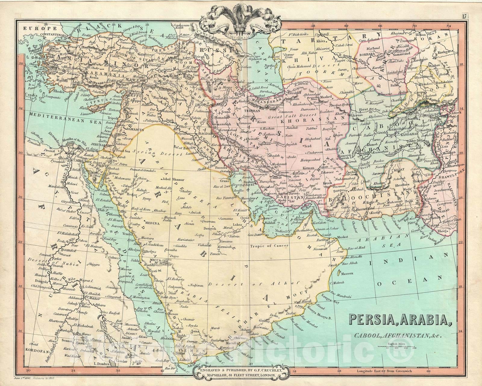 Historic Map : Persia, Arabia and Afghanistan, Cruchley, 1850, Vintage Wall Art