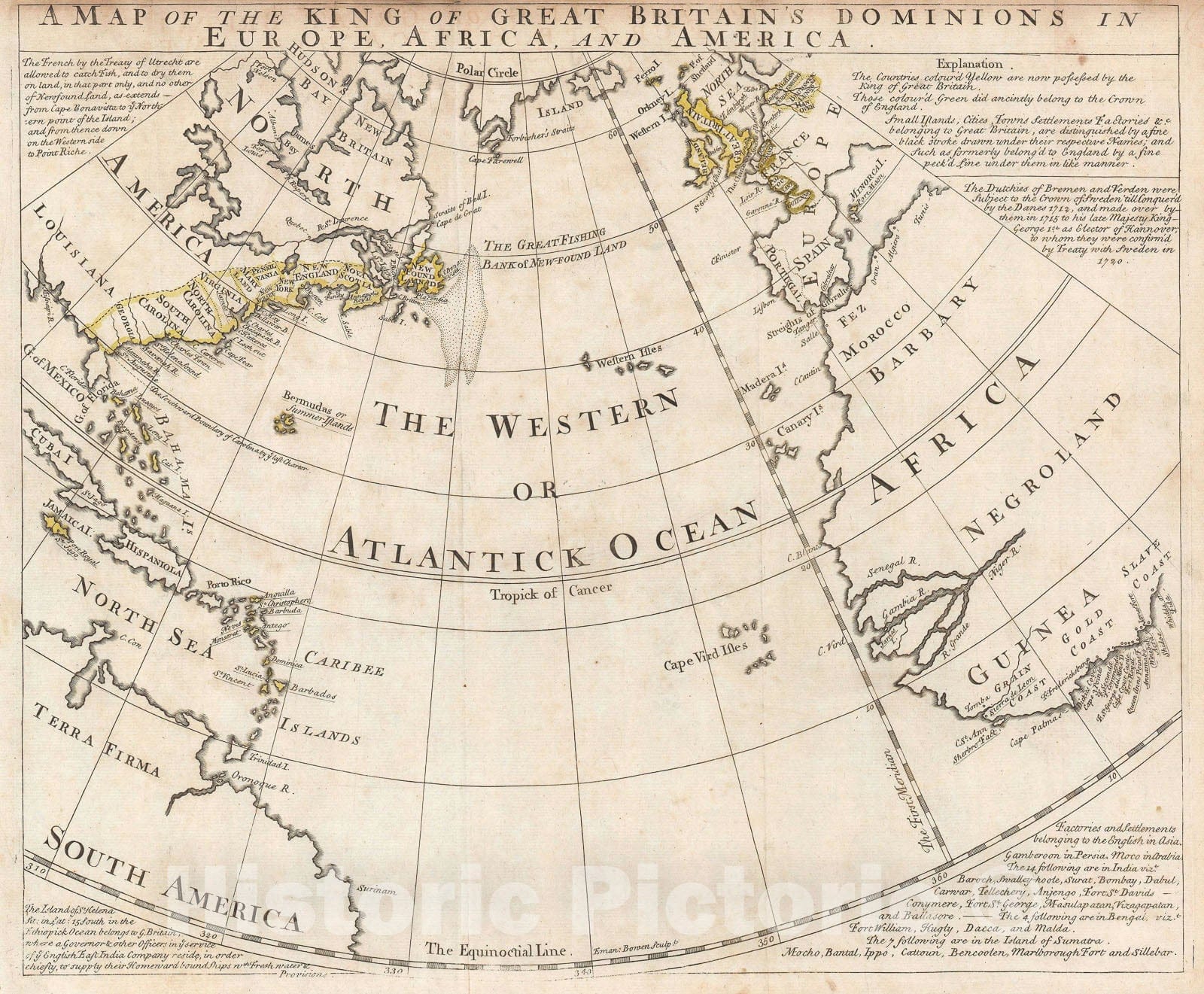 Historic Map : The British Empire in Europe and The Americas, Bowen, 1740, Vintage Wall Art