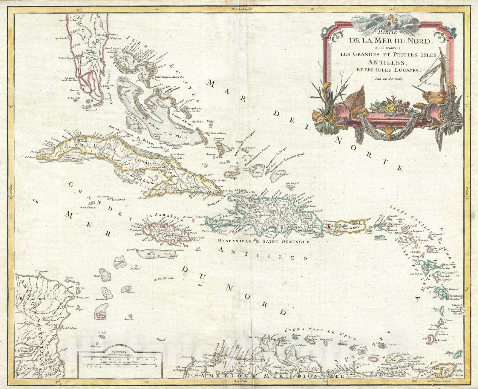 Historic Map : The West Indies and Florida, Vaugondy, 1750, Vintage Wall Art