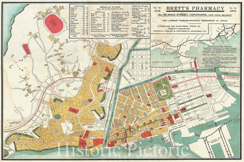 Historic Map : Plan of Yokohama, Japan, Brett's Pharmacy, 1920, Vintage Wall Art