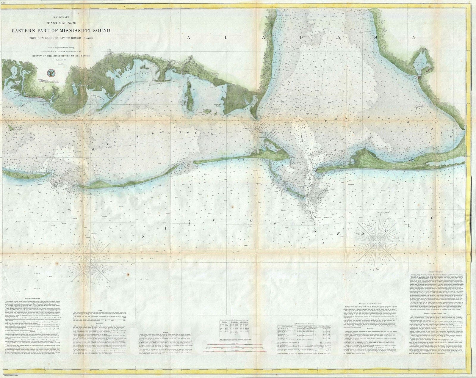 Historic Map : Nautical Chart The Mississippi Sound - Eastern Part, U.S. Coast Survey, 1860, Vintage Wall Art