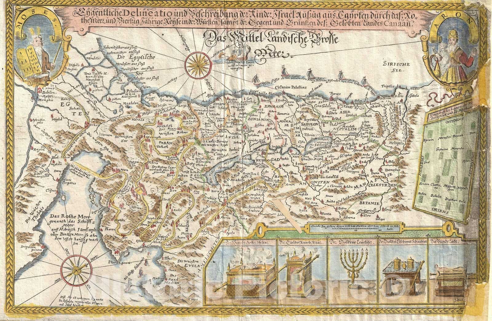 Historic Map : Holyland showing Moses and Aaron, Bockler, 1670, Vintage Wall Art