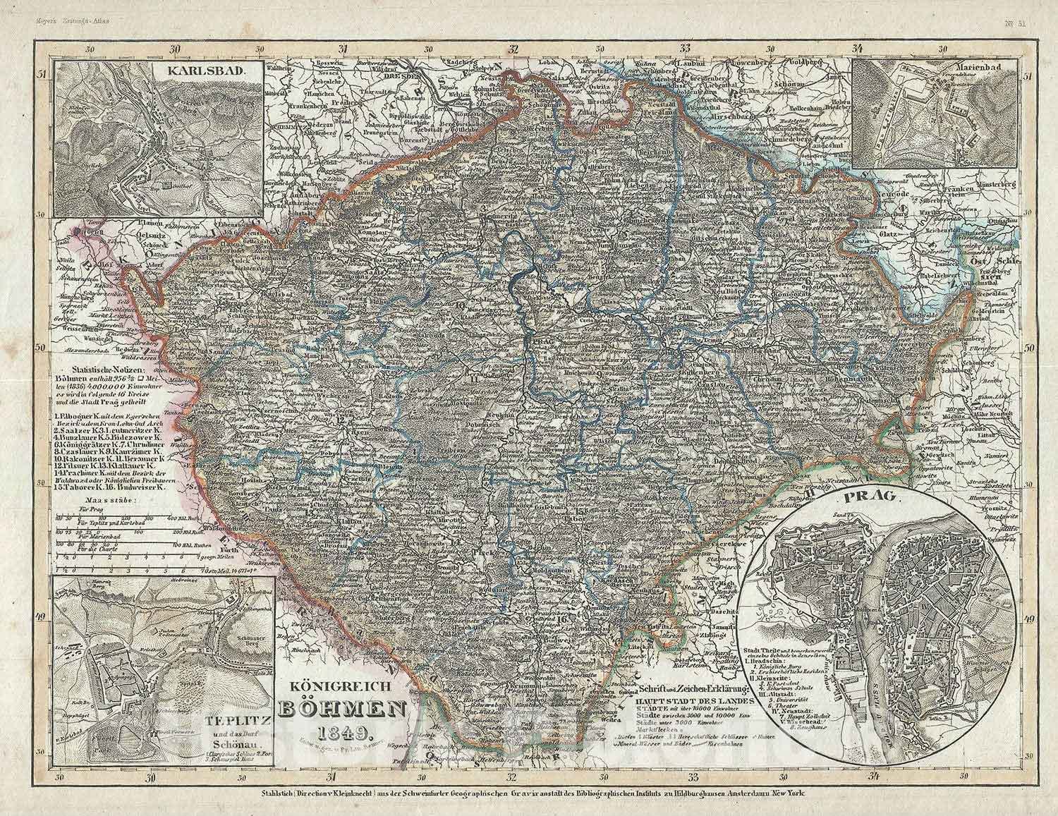 Historic Map : The Kingdom of Bohemia "Czech Republic", Meyer, 1849, Vintage Wall Art
