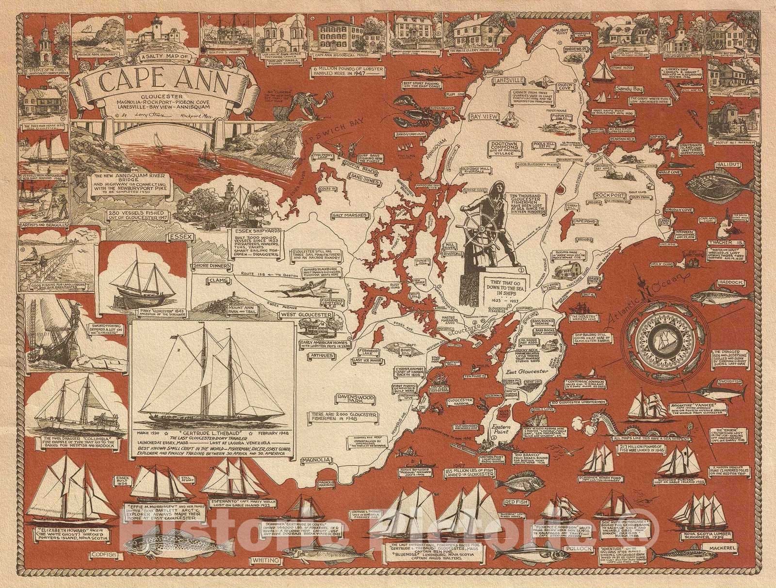 Historic Map : O'Toole Pictorial Map of Cape Ann, Massachusetts, 1948 ...