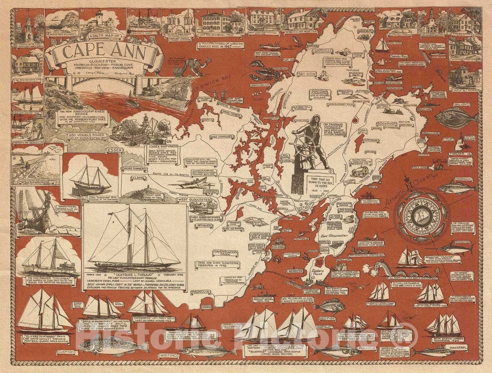 Historic Map : O'Toole Pictorial Map of Cape Ann, Massachusetts, 1948, Vintage Wall Art