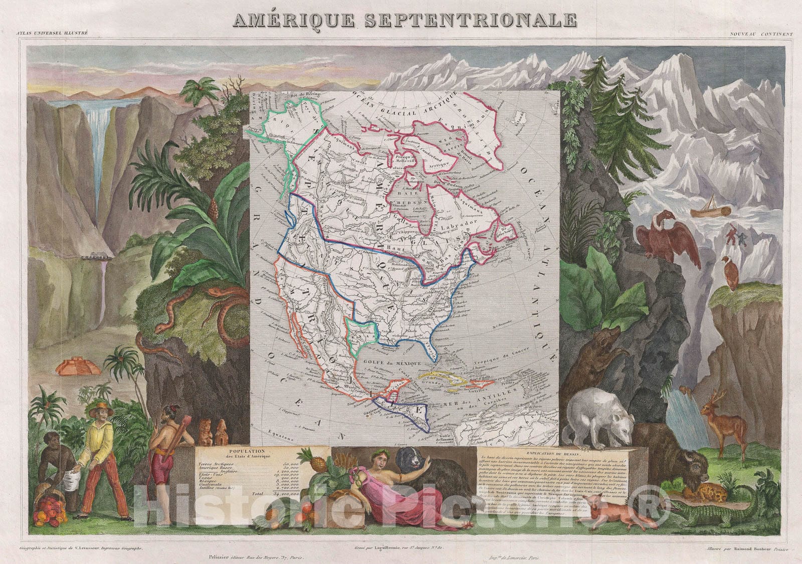 Historic Map : North America "w/ Republic of Texas", Levasseur, 1852, Vintage Wall Art