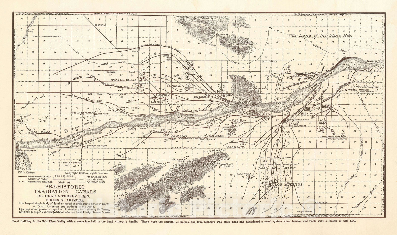 Historic Map : Ancient Canals in Phoenix, Scottsdale and Tempe, AZ, Turney Archaeological, 1929, Vintage Wall Art