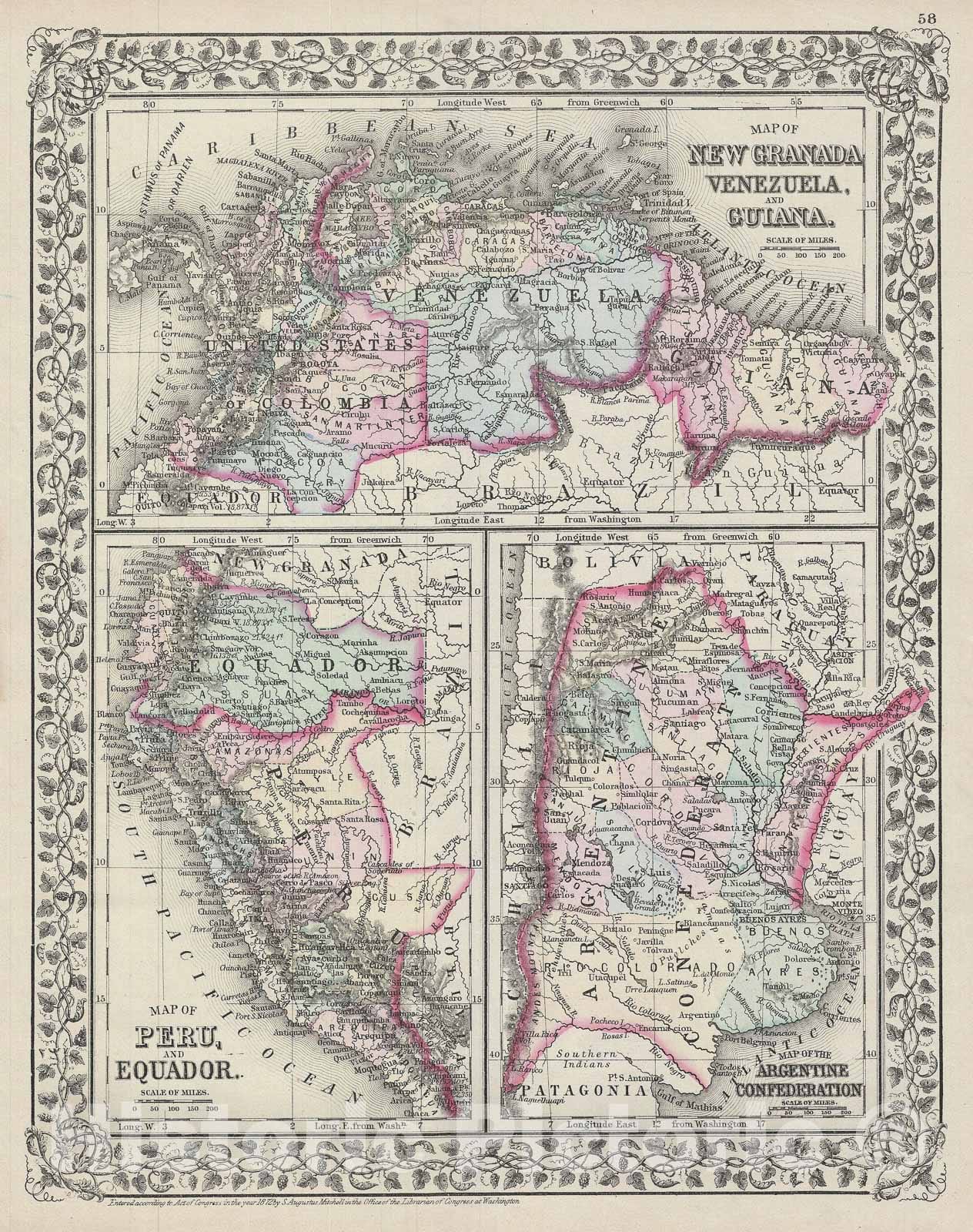 Historic Map : New Granada, Venezuela,Guiana, Peru,Equador "Ecuador" and Argentina, Mitchell, 1872, Vintage Wall Art