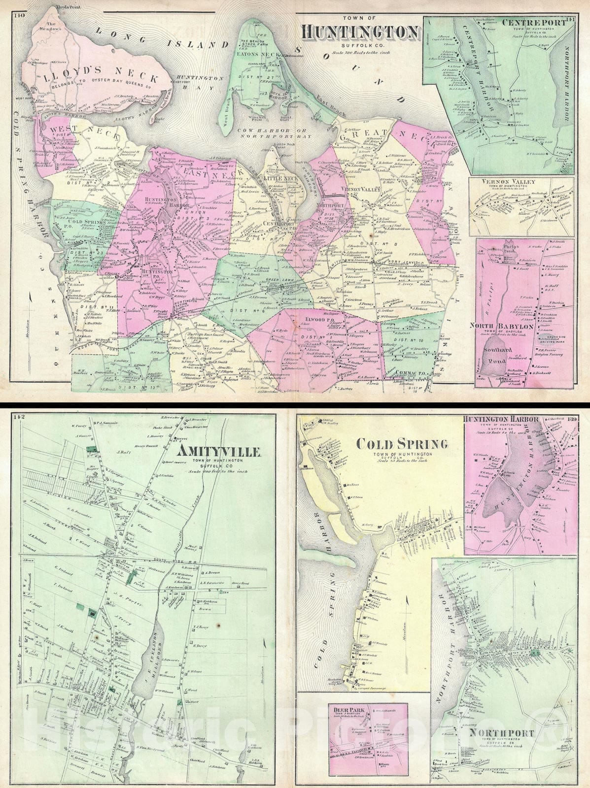 Historic Map : Huntington and Amityville, Long Island, New York, Beers, 1873, Vintage Wall Art
