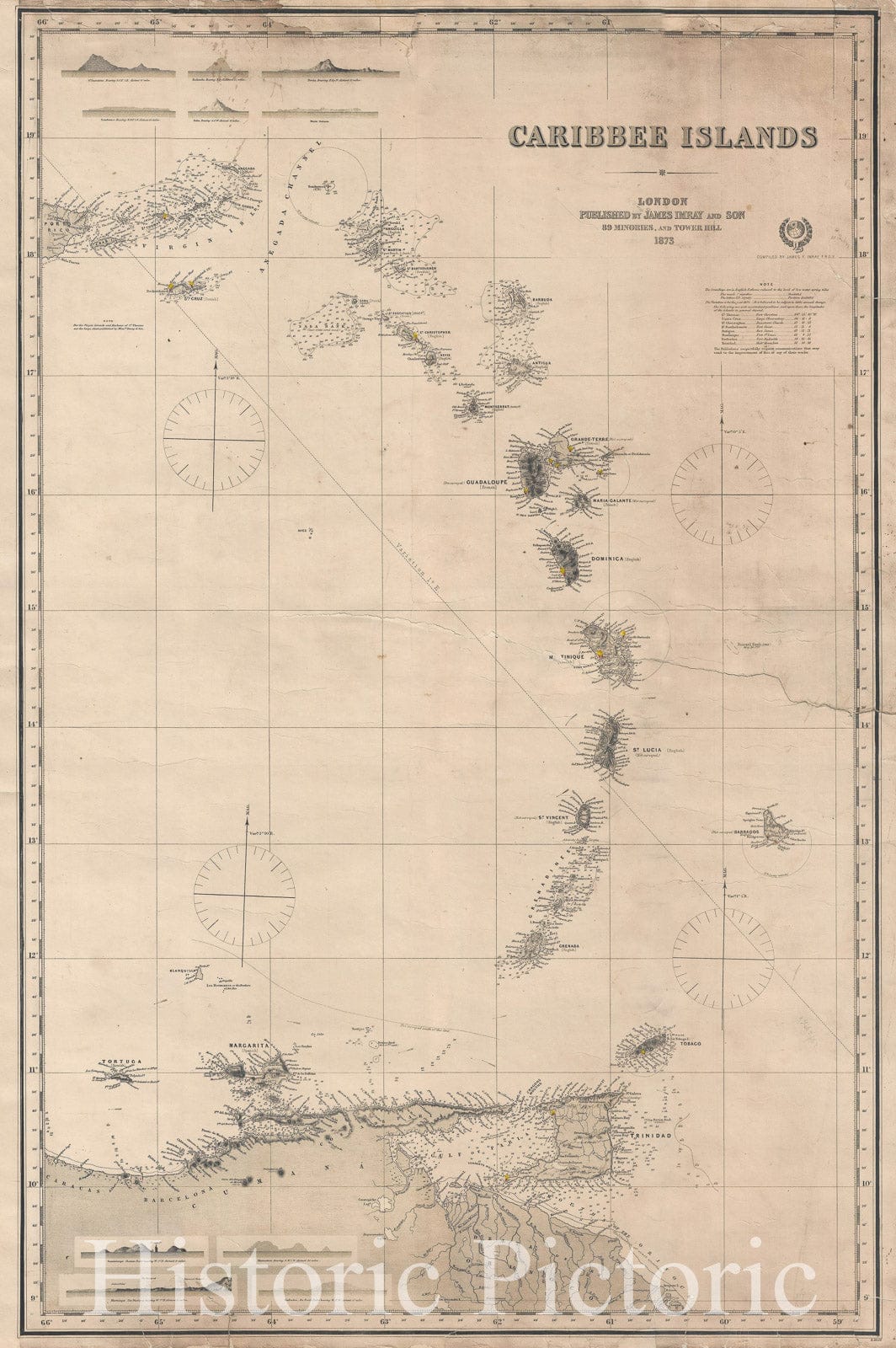 Historic Map : Nautical Chart The Lesser Antilles "West Indies", Blueback, 1873, Vintage Wall Art