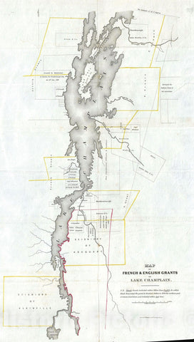Historic Map : French and English Grants on Lake Champlain, Pease, 1851, Vintage Wall Art