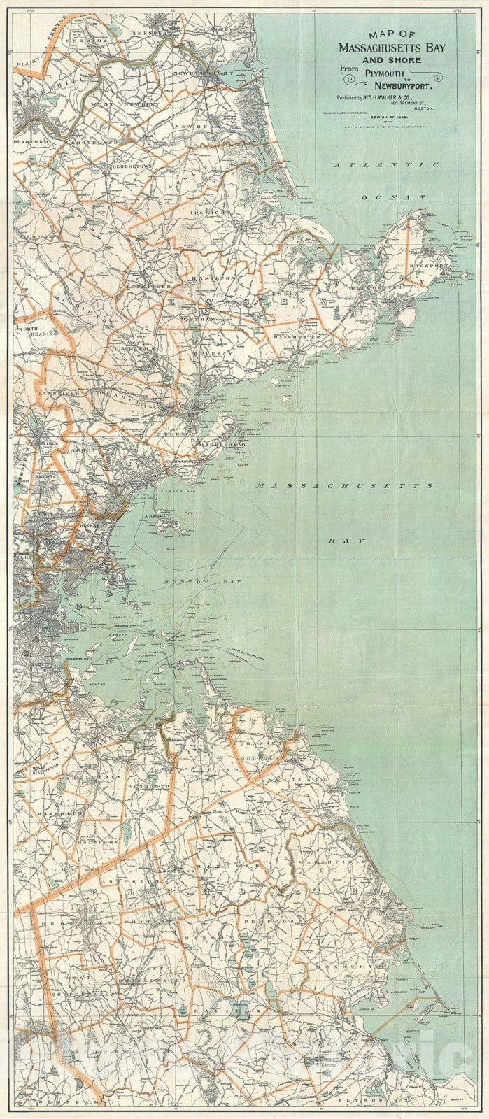 Historic Map : Boston and Vicinity, w/ North Shore, Cape Ann and South Shore, Walker, 1898, Vintage Wall Art