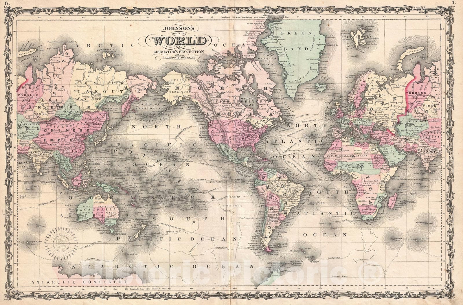 Historic Map : The World on Mercator Projection, Johnson, 1861, Vintage Wall Art
